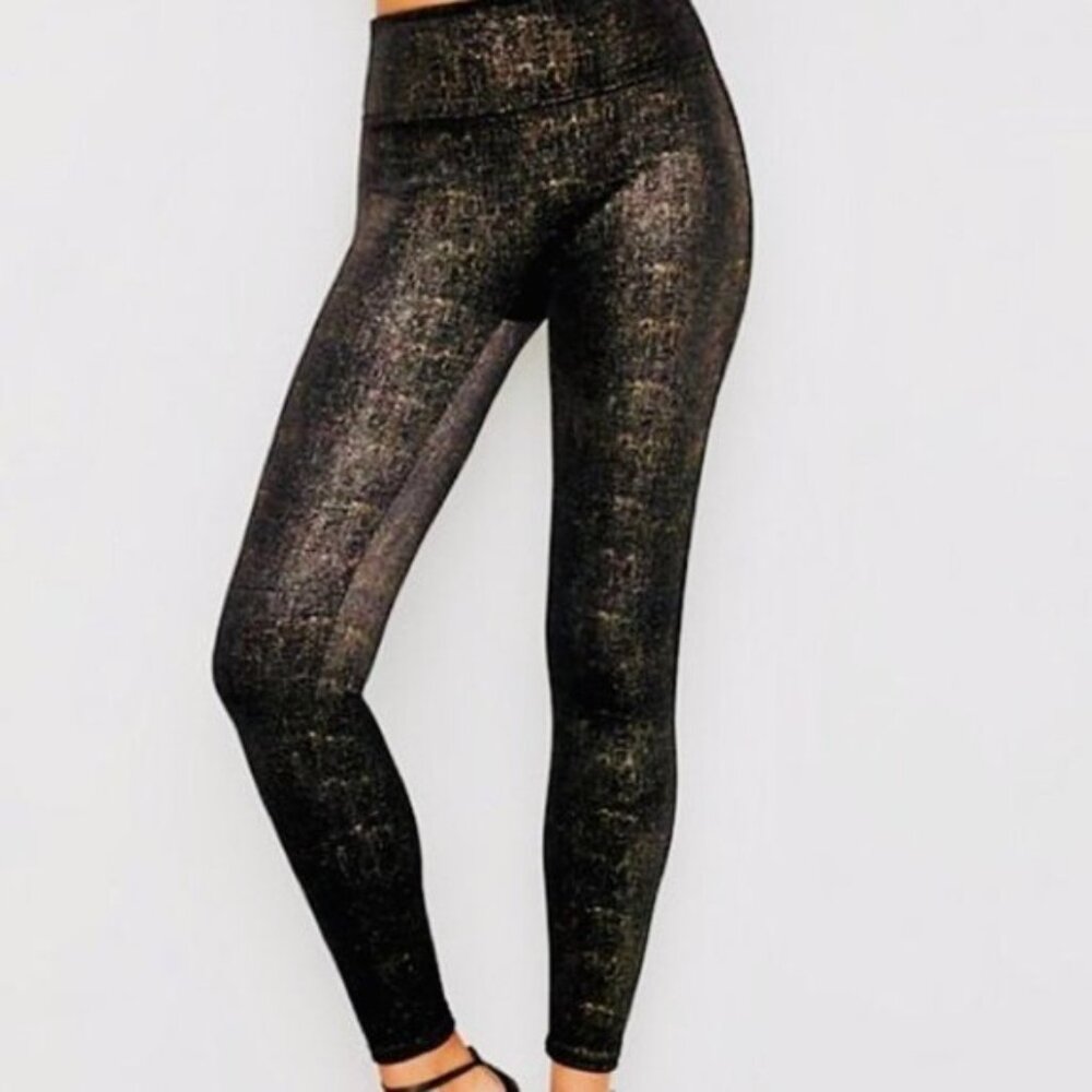 NWT SPANX gold, black metallic velvet leggings, Medium
